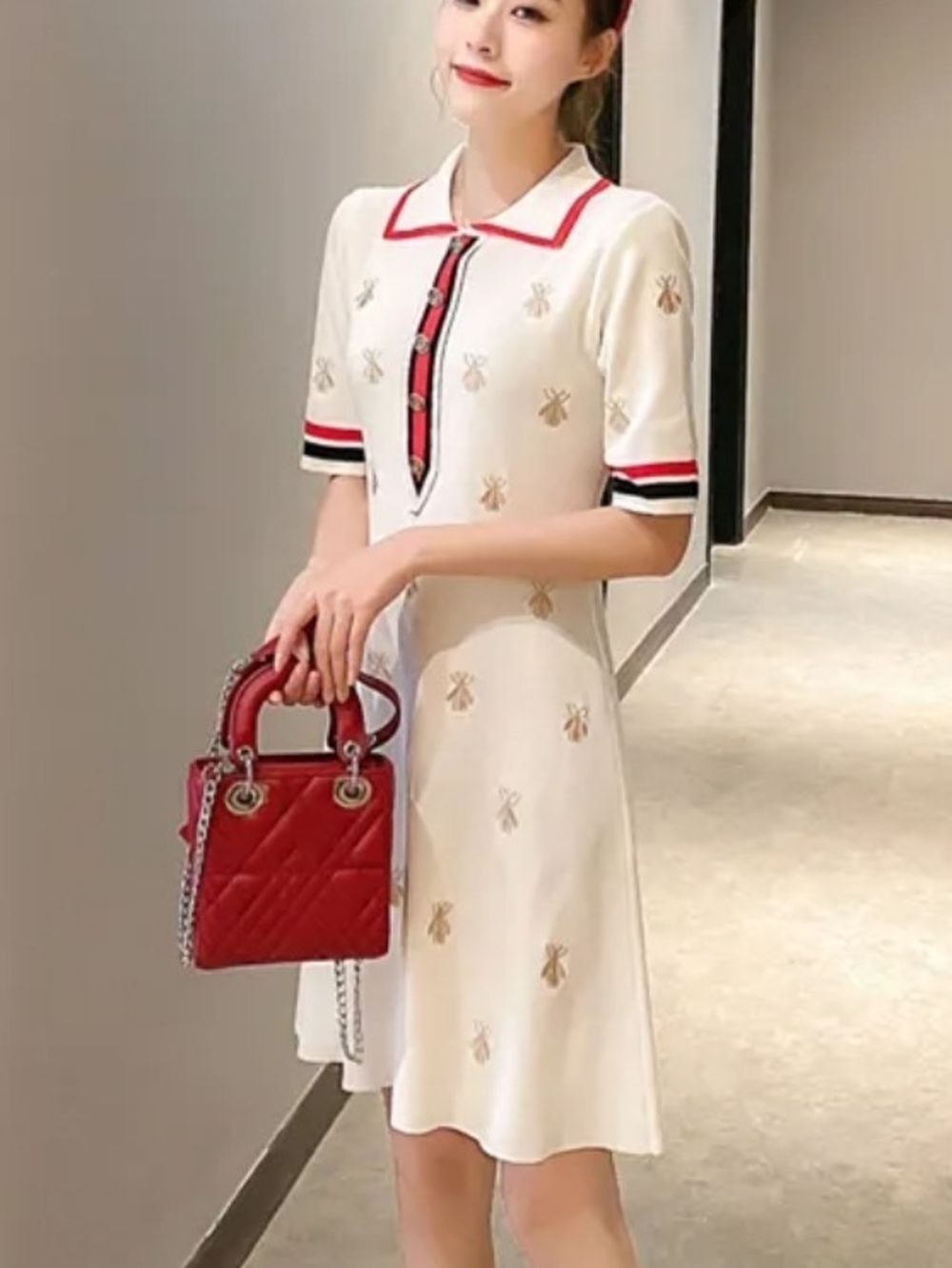 Gucci Inspired Elegant White Knit Polo Dress with Red Trim